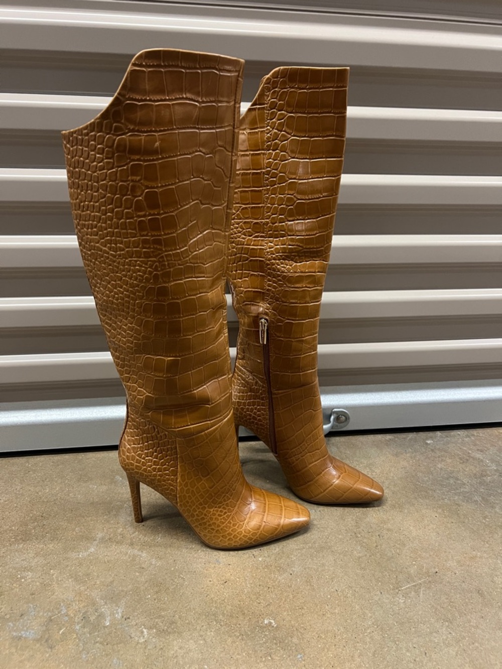 Vince Camuto Croc-Embossed Pointed-Toe Over-the-Knee Boots - Tan
